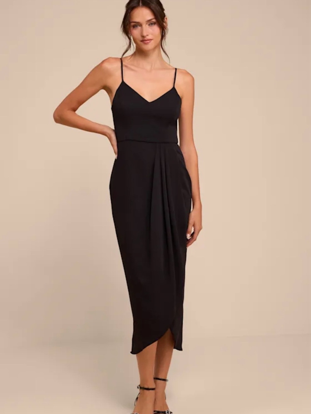 Lulu's Black V-Neck Spaghetti-Strap Midi Dress
